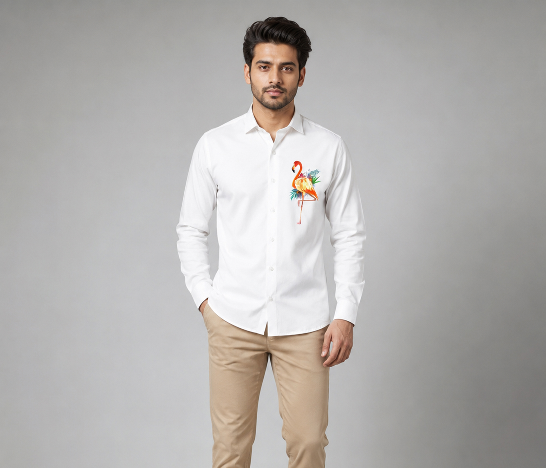 Pure White Hand-Painted Flamingo Shirt for Mens Collection